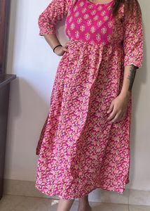 Vibrant Pink Floral Print Kurti maternity Dress
