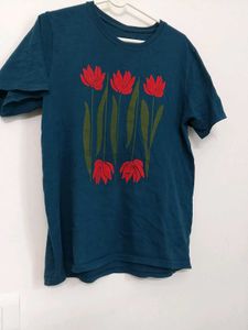 Teal T-Shirt with Red Tulip Print