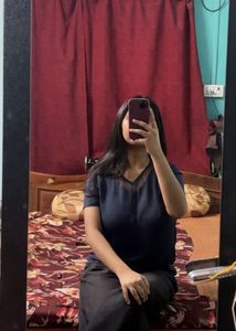 Casual Navy Blue V-Neck Top