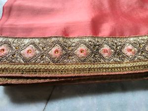 Coral &amp; Gold Embroidered Saree