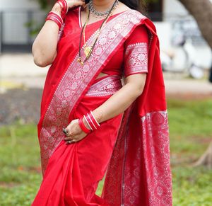Elegant Red Silk Saree with Silver Border