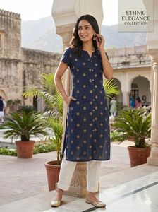 Stylish Navy Blue Embroidered Kurta