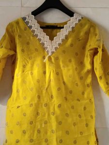 Yellow Printed Kurta with Lace Detail