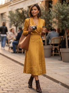 Pintresty Mustard Yellow Satin Wrap Dress
