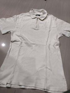 Cream Ribbed Zip Polo Top