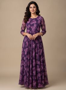Purple Floral Printed Long Dress – Lightweight