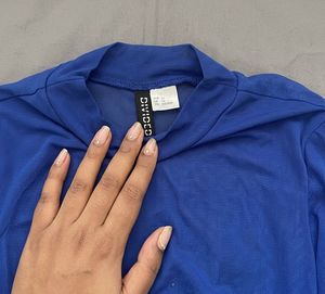 Blue Mesh Mock Neck Long Sleeve Top