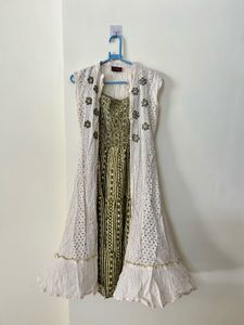 Ethnic White & Olive dress with detachable jacket