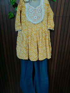 Yellow Printed Kurta with Blue Palazzos jens