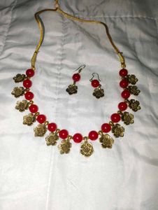 Red Beaded Necklace & Earring Set