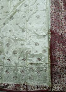 Cream &amp; Maroon Embroidered Silk Saree