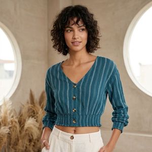 Stylish Teal Striped Cropped Button-Up Top