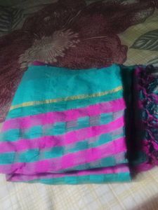 Beautiful Teal & Pink Striped Saree