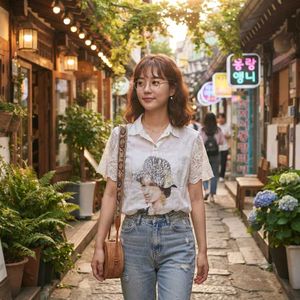 White Lace Trim Graphic Shirt/Top