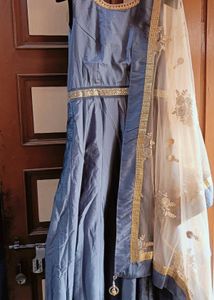 Elegant Grey &amp; Gold Anarkali Dress