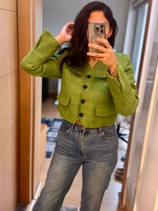 Green Textured Cropped Jacket