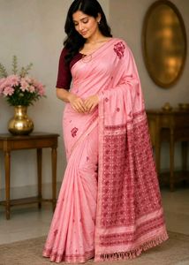 Pink Cotton Silk Saree with Maroon Blouse
