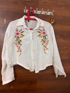 White Embroidered Cropped Shirt