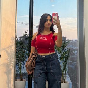 Trendy Red Cold Shoulder Crop Top