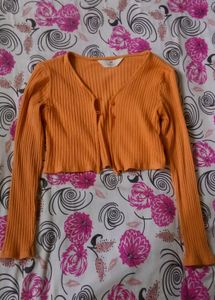 Orange Ribbed Cropped Cardigan