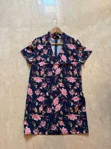 Navy Floral Print A-Line Dress with Choker Neck