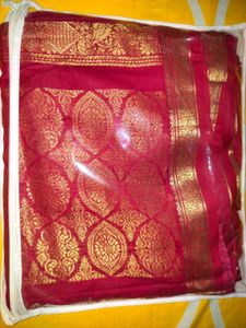Elegant Red Silk Saree with Gold Zari