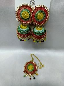 Multi colours mangtika &amp;jhumka earrings