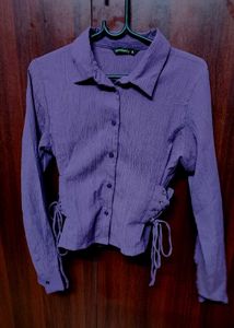 Purple Textured Button-Up Shirt with Side Tie Deta