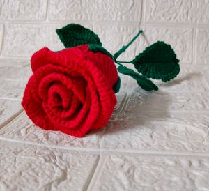 Crocheted Red Rose with Green Leaves