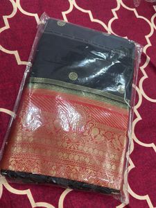 Elegant Black &amp; Orange Silk Saree