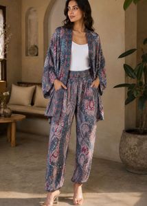 Boho Paisley Print Kimono & Pants Set