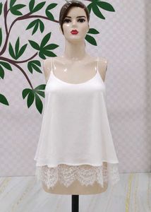 (1400)Elegant White Lace Trim Cami Top