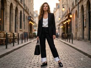 Black wide leg trousers with white cuffs