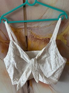 White Embroidered Crop Top with Tie Front