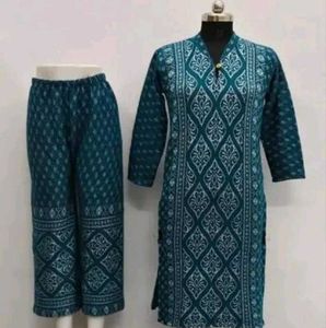 Elegant Teal woolen Kurta Set with Delicate Patter