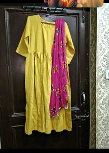 Yellow Kurta with Embroidered Dupatta Set