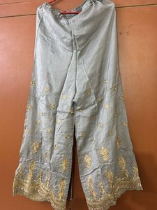 festive silk kurta set in mustard and grey