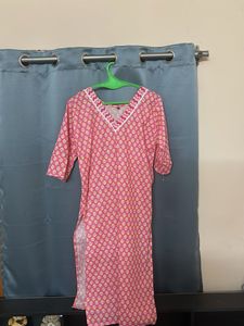 Pink Printed Kurta with V-Neck