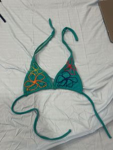 Teal Bikini Top with Floral Embroidery