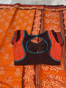 Orange Printed Saree with Blouse