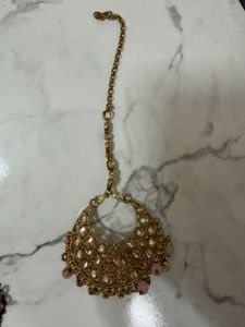 Exquisite Gold Maangtika with Pink Stones