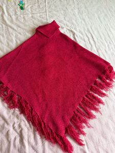 Chic Pink Knit Poncho with Flowers