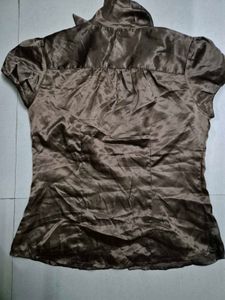 Elegant Brown Satin Bow Blouse