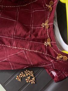 Maroon Checked Cotton A-Line Ethnic Dress