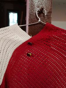 Red &amp; White Knitted Poncho