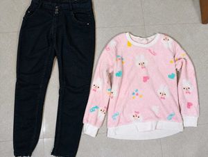 Cute Bunny Print Sweater & Black Jeans Set