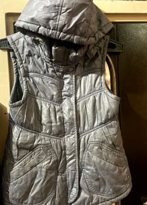 Grey Shiny Puffer Vest Half Jacket With Hoodie