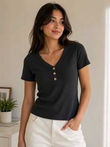 Ribbed Henley V-Neck Top