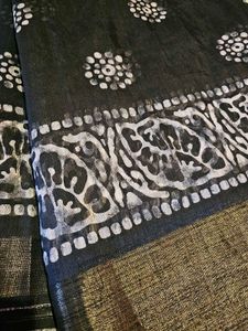 Black & White Batik Linen Saree