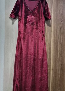 Burgundy Velvet Dress - Floral Detail